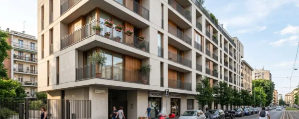 Facciata di un moderno palazzo residenziale italiano con architettura contemporanea sotto la luce del giorno