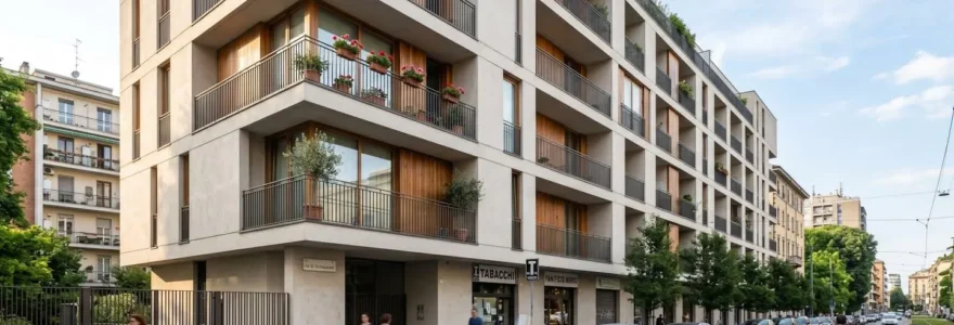 Facciata di un moderno palazzo residenziale italiano con architettura contemporanea sotto la luce del giorno