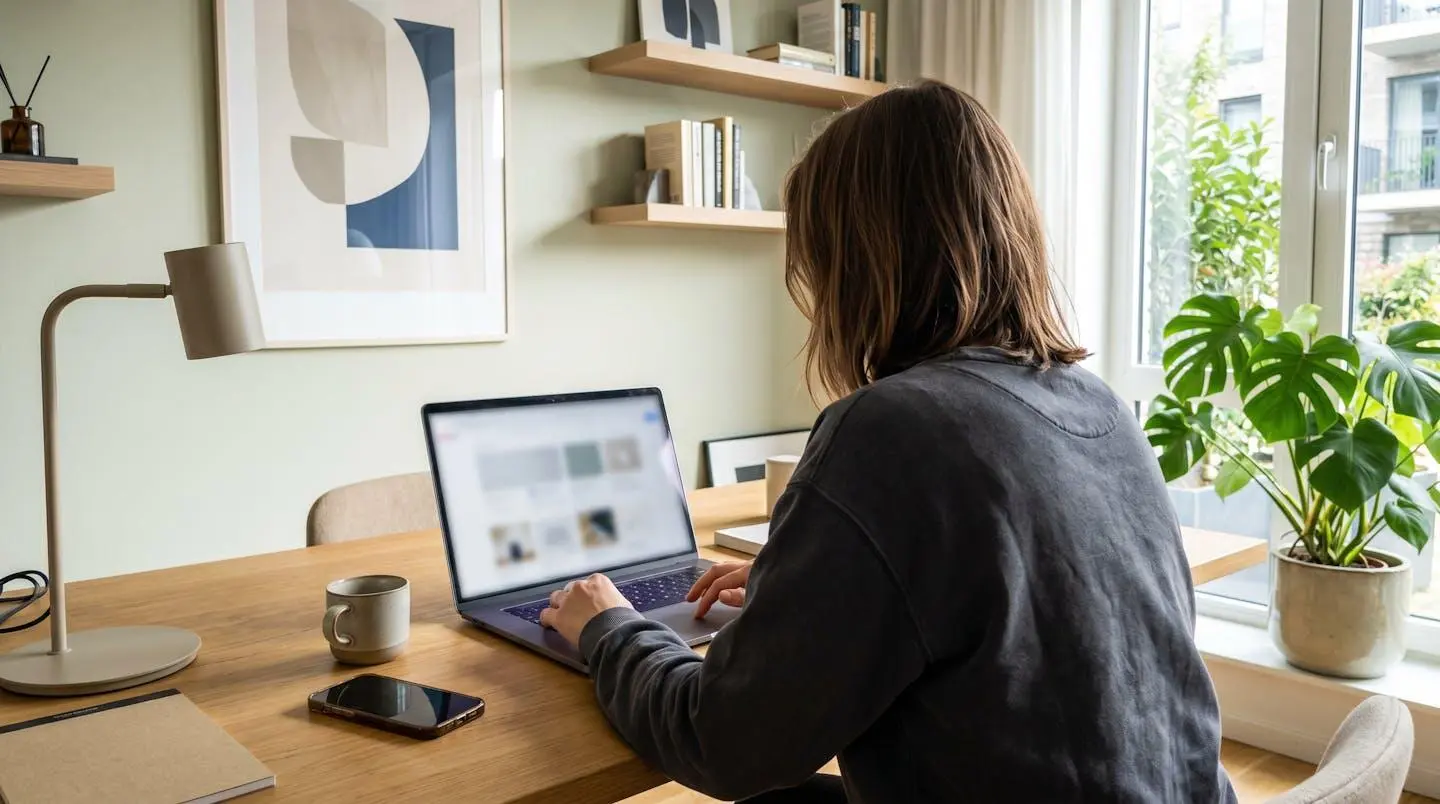 Una persona vista di spalle consulta un sito web immobiliare su laptop in un ambiente domestico moderno