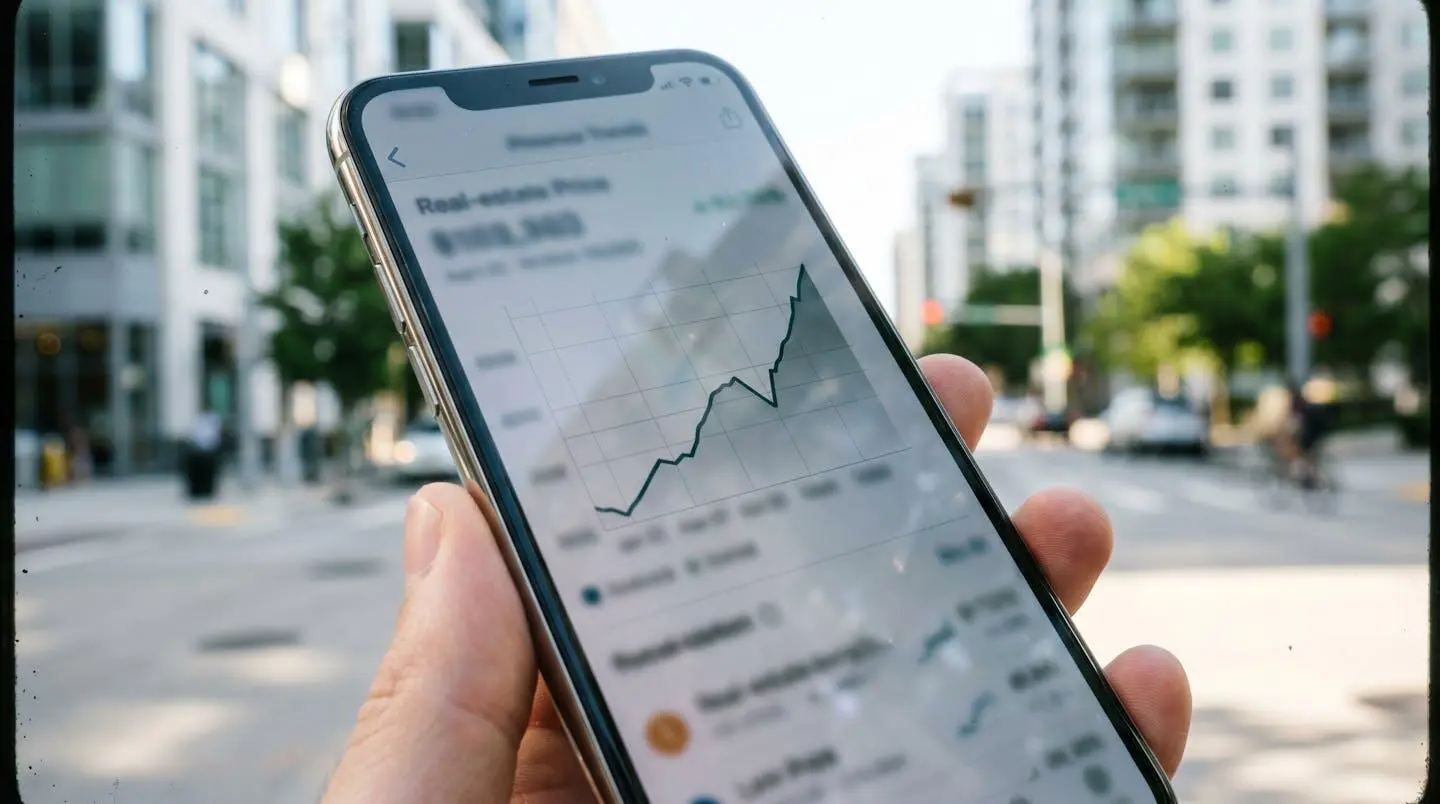 Primo piano di uno schermo di smartphone che mostra un grafico con linee di tendenza dei prezzi immobiliari